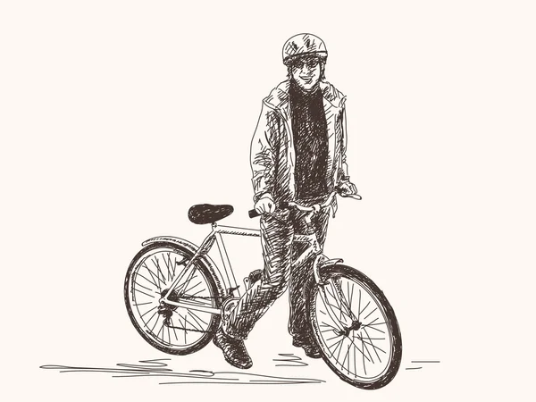 Schiță de femeie pe bicicletă — Vector de stoc