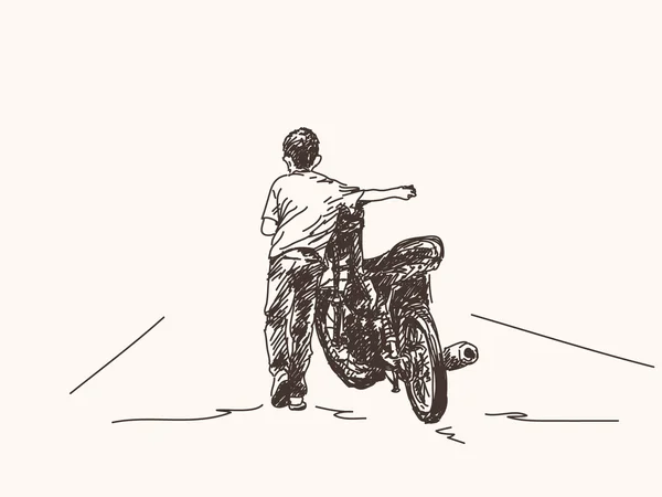 Garçon marche avec moto — Image vectorielle