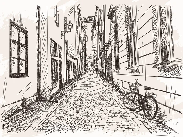 Hand drawn Street Old town Gamla Stan in Stockholm — Stock vektor