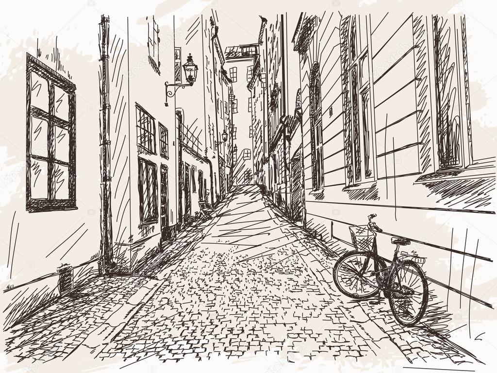 Hand drawn Street Old town Gamla Stan in Stockholm