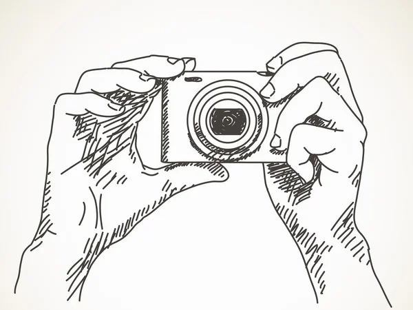 Mãos com câmera fotográfica compacta — Vetor de Stock