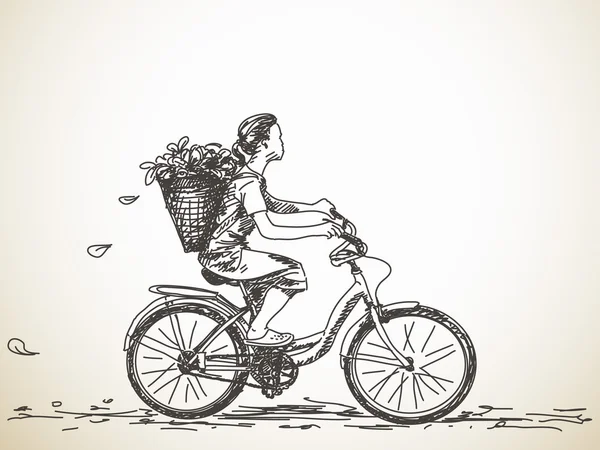 提着篮子在自行车上的女孩 — 图库矢量图片