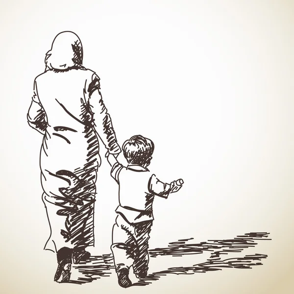 Skizze einer wandelnden Frau und eines Jungen — Stockvektor