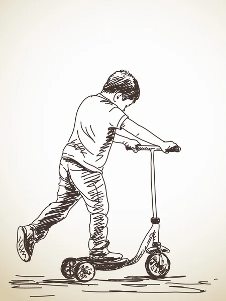 Esboço da criança com scooter pontapé —  Vetores de Stock