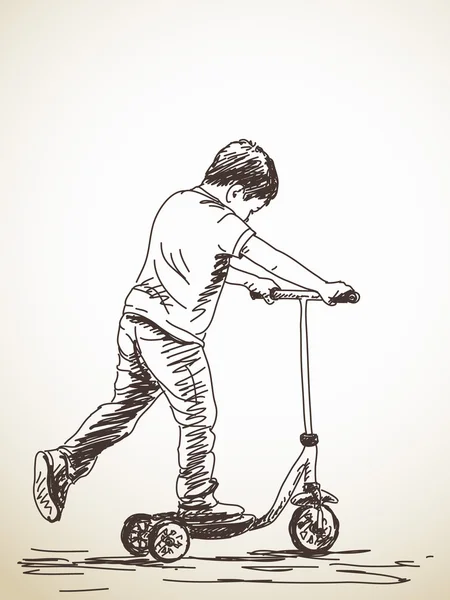 Croquis de l'enfant avec trottinette — Image vectorielle