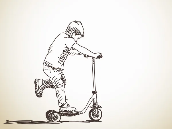 Niño con patinete scooter — Vector de stock