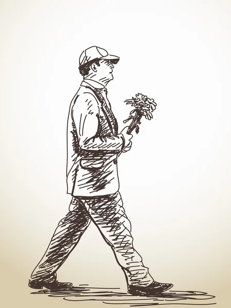 Bosquejo de caminar Hombre con flores — Vector de stock