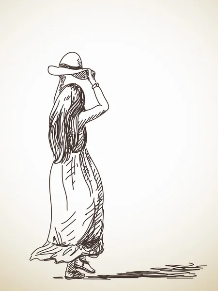 Sketsa wanita berpose di topi - Stok Vektor