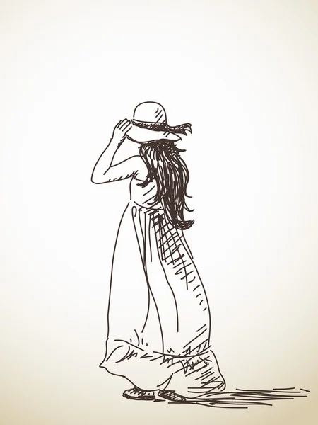 Σκίτσο του γυναίκα που παρουσιάζουν στο καπέλο — Διανυσματικό Αρχείο