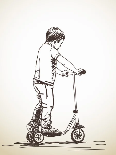 Croquis de l'enfant avec trottinette — Image vectorielle