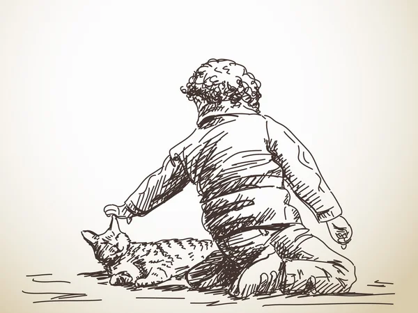 Skizze eines Kindes, das mit Katze spielt — Stockvektor