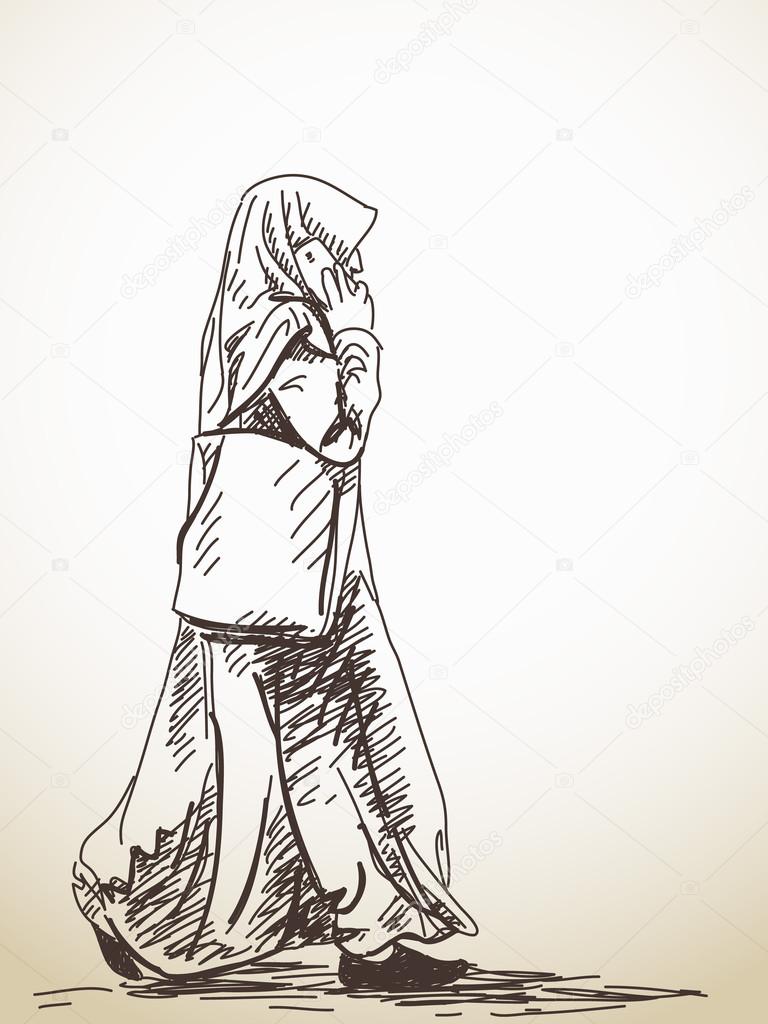 Sketch of walking muslim woman