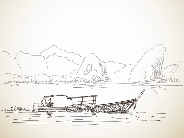 Bosquejo de barco de cola larga — Vector de stock