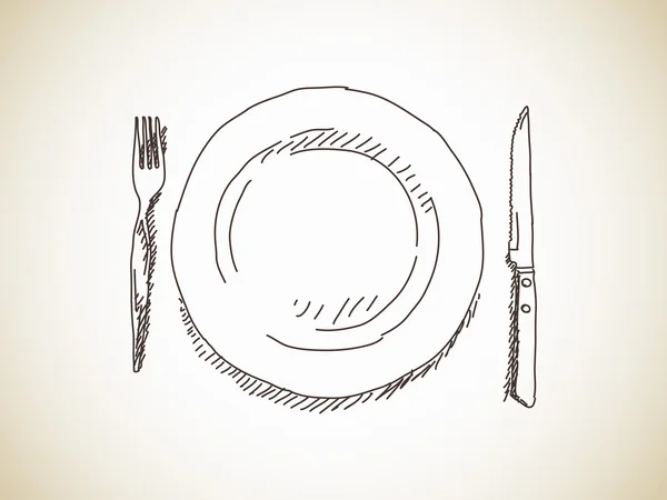 皿、ナイフ、フォークのイラスト — ストックベクタ