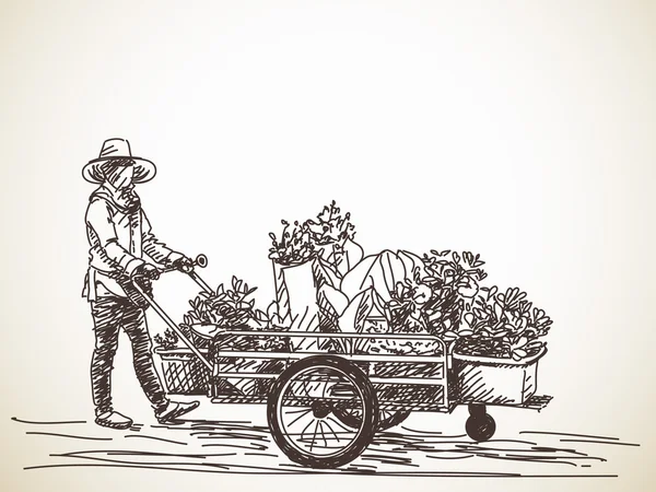 Bosquejo de vendedor ambulante con carrito de flores — Vector de stock