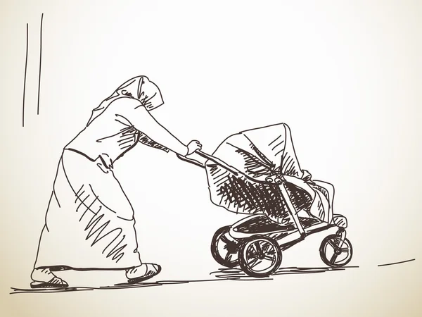 Vrouw met de kinderwagen — Stockvector