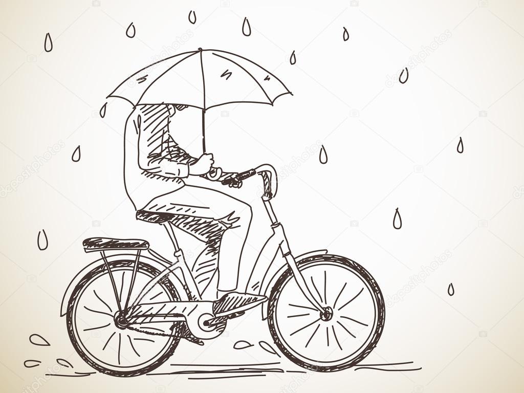 Bicyclist with umbrella under rain