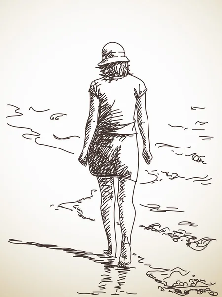 Mujer caminando descalza en la playa — Vector de stock