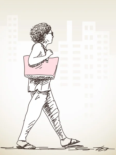 Caminando mujer con bolsa — Vector de stock