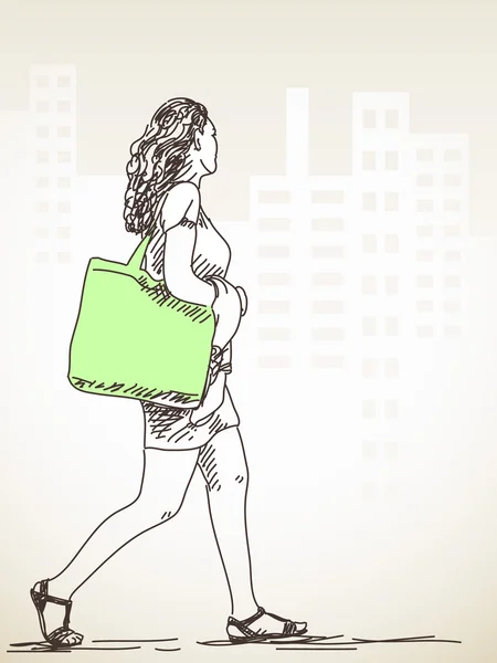 Mulher ambulante com saco — Vetor de Stock