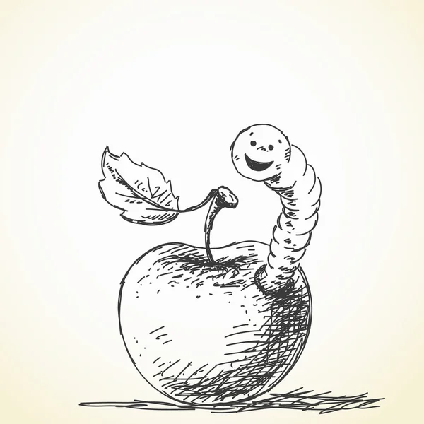 Wurm und Apfel-Sketch — Stockvektor