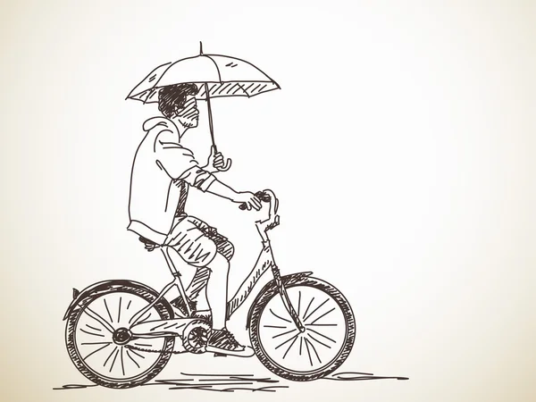 Skizze eines Radfahrers mit Regenschirm — Stockvektor