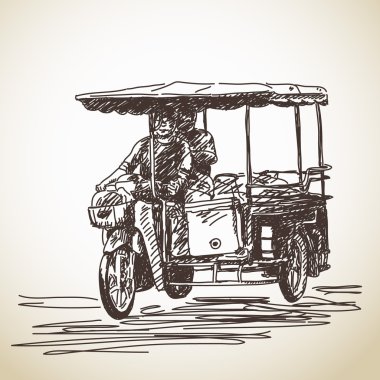 Üç tekerlekli motosiklet el çizilmiş kroki