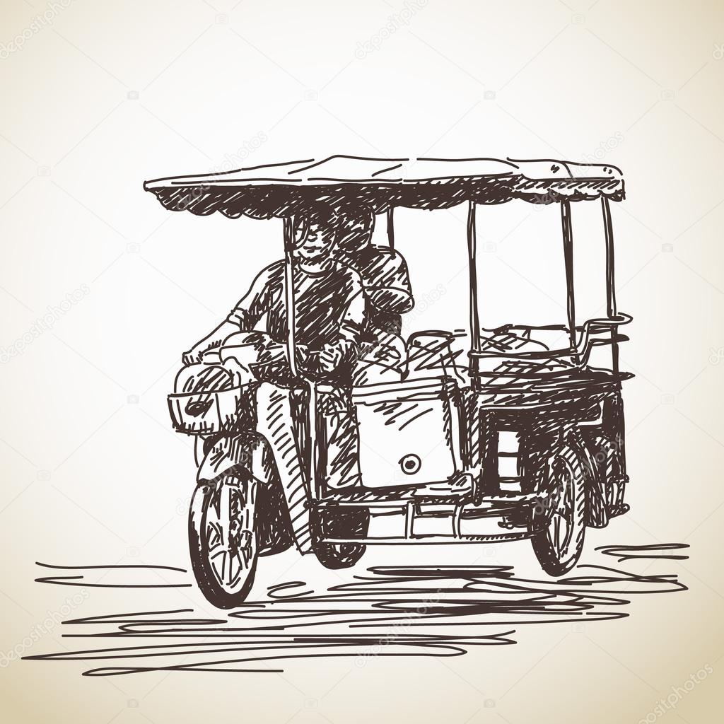 Hand drawn sketch of tricycle motorbike Stock Vector by