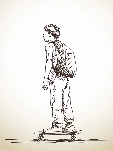 草绘的男孩玩滑板 — 图库矢量图片