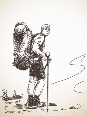 Büyük sırt çantası ile trekking erkek kroki