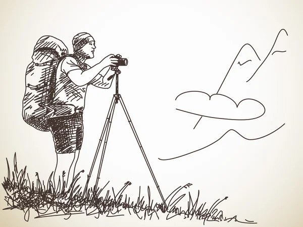 三脚架拍照的徒步人 — 图库矢量图片