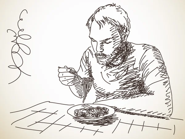 Croquis de l'homme mangeant des pâtes — Image vectorielle