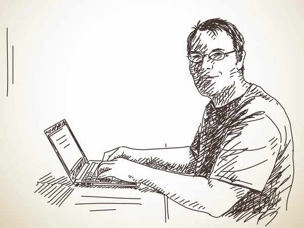 Bir adam bilgisayar ile kroki — Stok Vektör