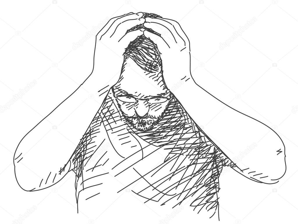 Sketch of man holding his head