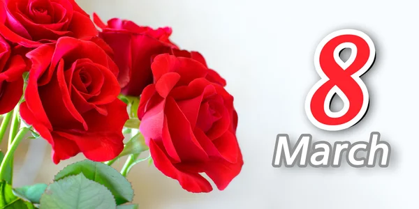 Bouquet of Beautiful Red Roses on Light Background. Greeting Card for Women's Day 8 March — Stock Photo, Image