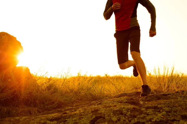Közeli kép: sportolója lábak fut a Rocky Mountain Trail a naplemente. Aktív életmód — Stock Fotó
