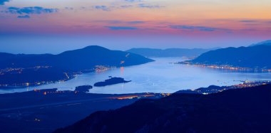 Bay of Kotor at Night. High Resolution Panorama of Boka-Kotorska bay. Kotor, Tivat, Perast, Montenegro. clipart
