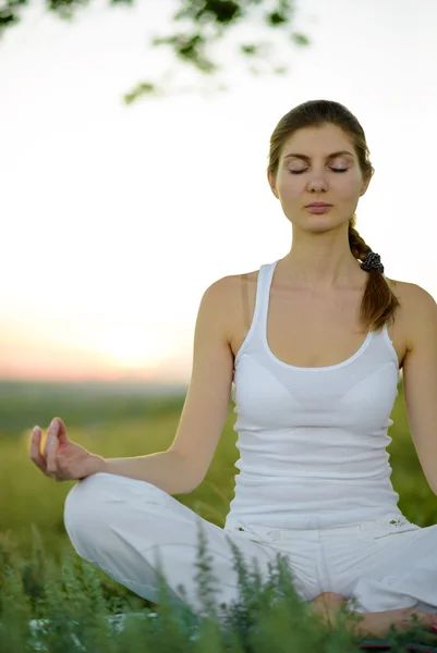 Jovem bela mulher pratica Yoga no prado — Fotografia de Stock