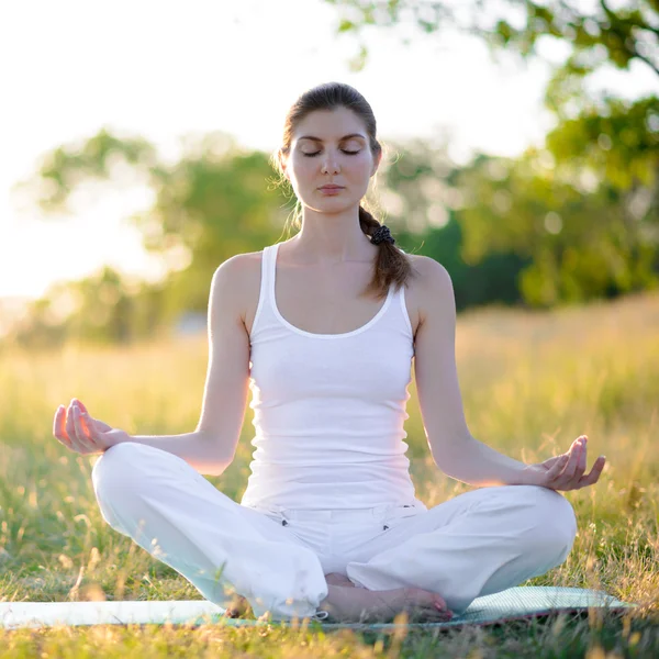 Unga vackra kvinnan praxis yoga på soliga ängen — Stockfoto