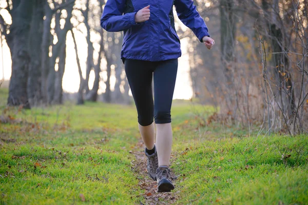 Junge Sportlerin läuft morgens auf Waldweg — Stockfoto