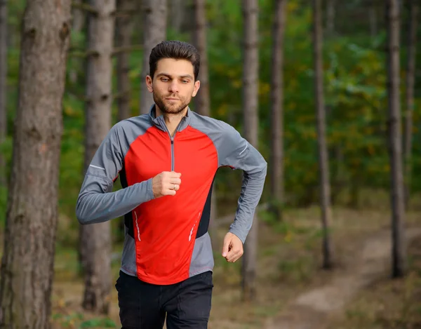 Young Man Running on the Trail in the Wild Pine Forest. Active Lifestyle — Stock fotografie