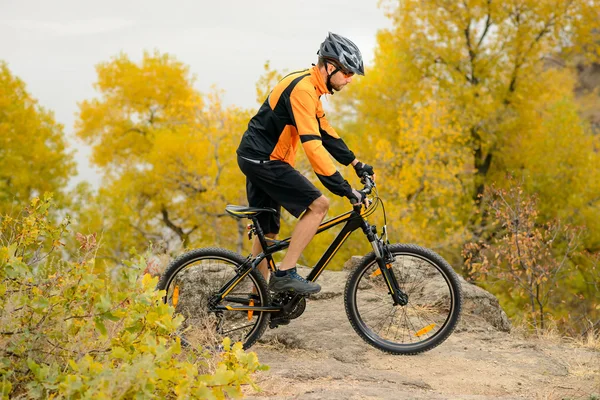 Bicicleta de equitação ciclista no belo Autumn Mountain Trail — Fotografia de Stock