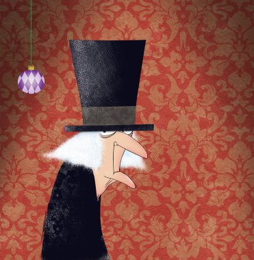 Scrooge komik mürekkeple çizme kırmızı damasko arka plan üzerinde