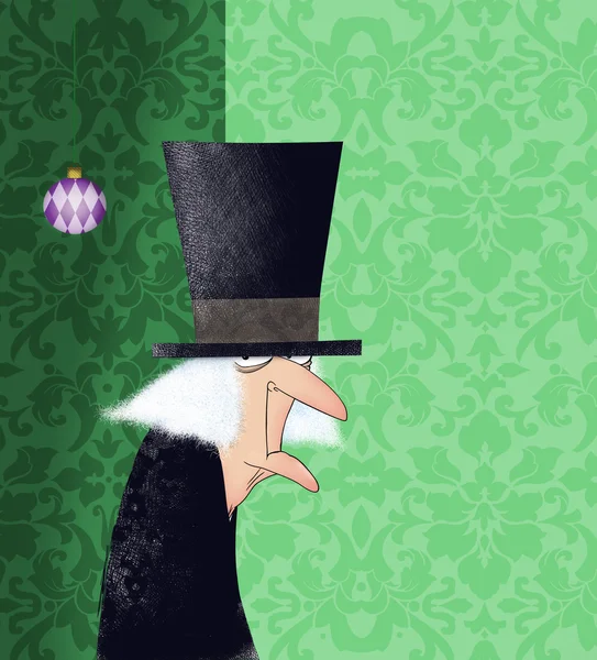 Funny Ink Drawing of Scrooge on a Green Damask Background — Stock Photo, Image
