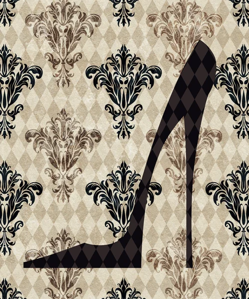 High Heeled Shoe on a Taupe Damask Background — Stock Photo, Image