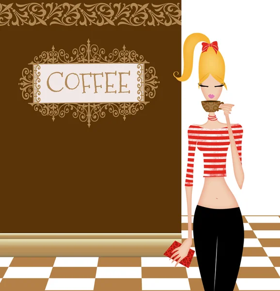 Carino giovane donna a una caffetteria — Foto Stock