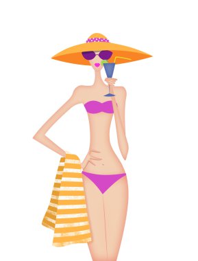 Bir içki tutan şık genç kadın bir bikini 