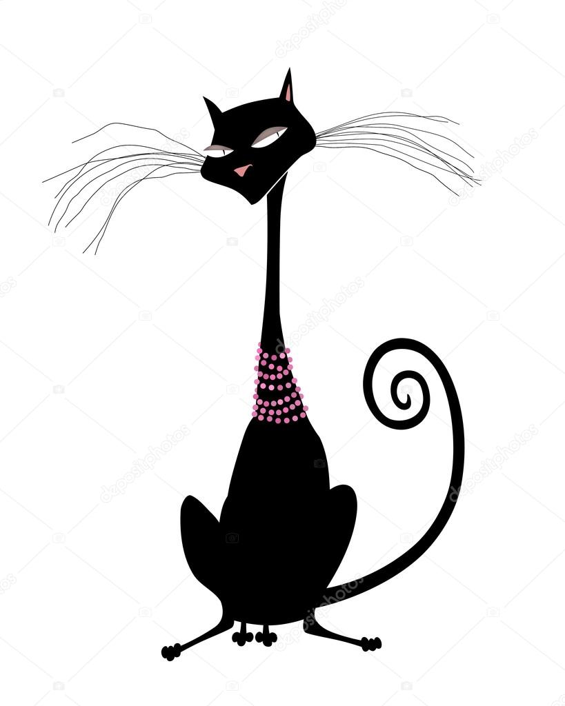 Black Cat in Pearls Isolated on White