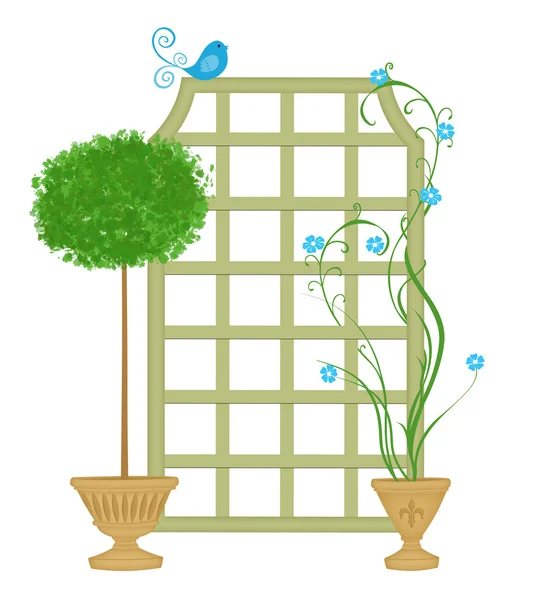 Topiary con enrejado y pájaro azul — Foto de Stock