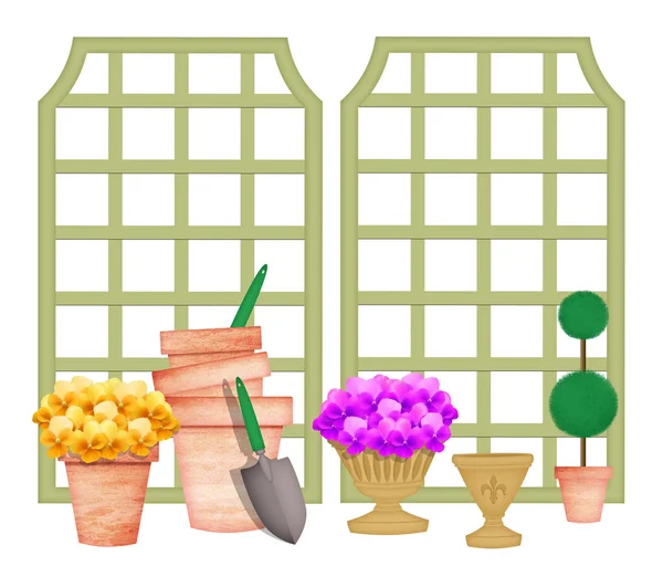 Spaliere mit Gartengeräten und Blumentöpfen — Stockfoto